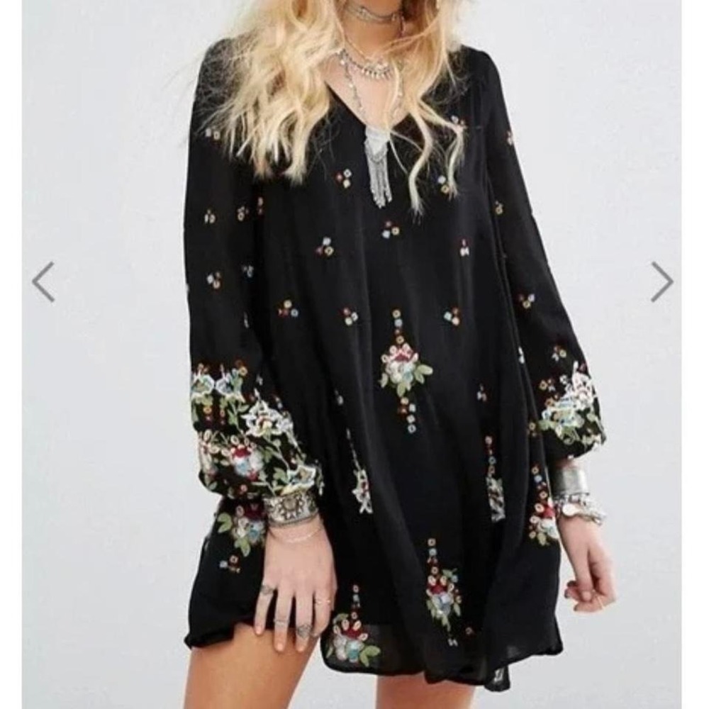 Free People black embroidered mini dress size S babydoll boho